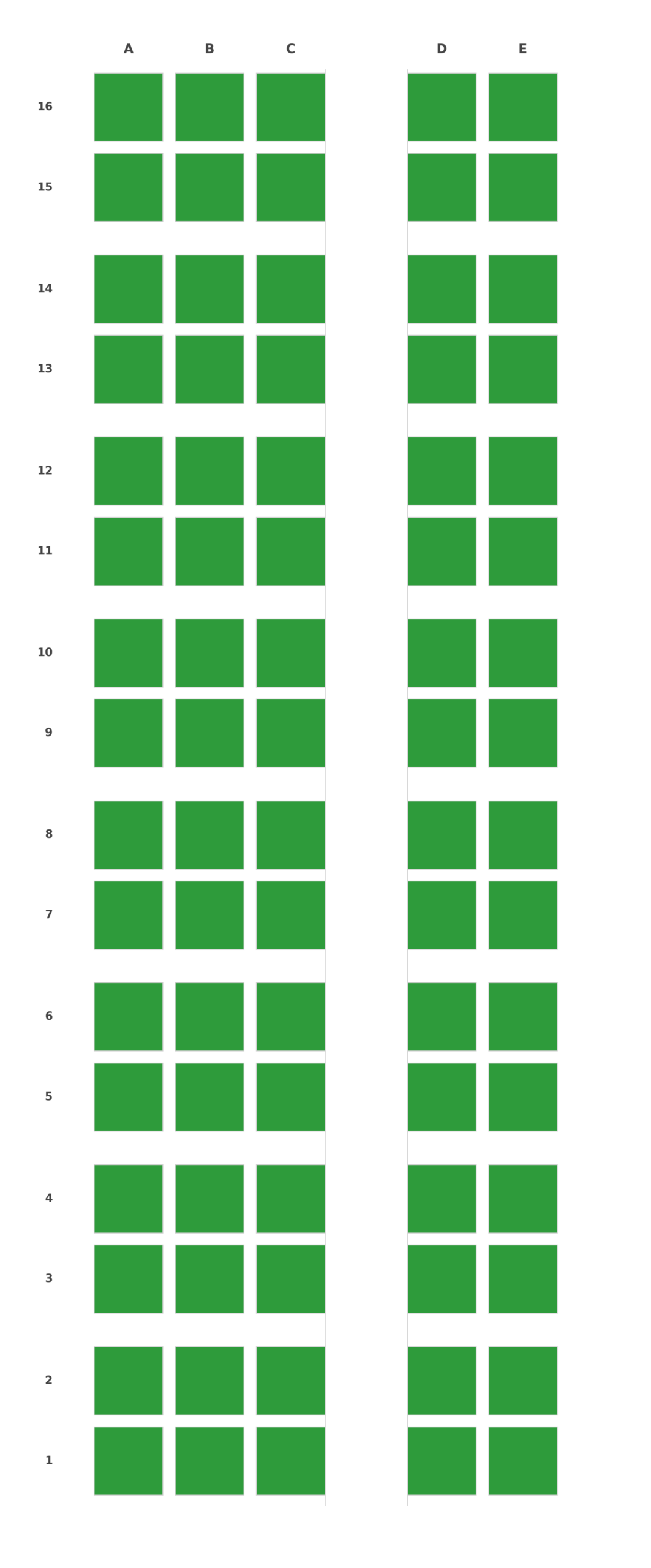 Croquis del pabellón de Adapta Tu Espacio con 80 módulos cuadrados distribuidos en 16 filas y 5 columnas, separados por un pasillo central y pasillos transversales.